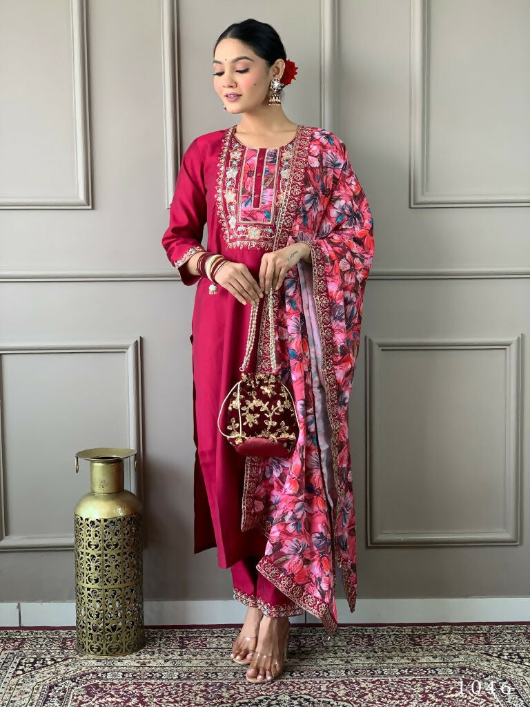 Partywear Designer Viscos Chanderi Maroon Stitched Suit With Dupatta - Tanisha | Swadesiicart