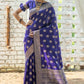 Vishnu Weaves Women's Royal Blue Banarasi Silk Floral Zari Woven Saree with Unstitched Blouse - Swadesiicart