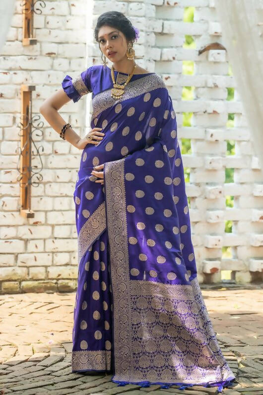 Vishnu Weaves Women's Royal Blue Banarasi Silk Floral Zari Woven Saree with Unstitched Blouse - Swadesiicart