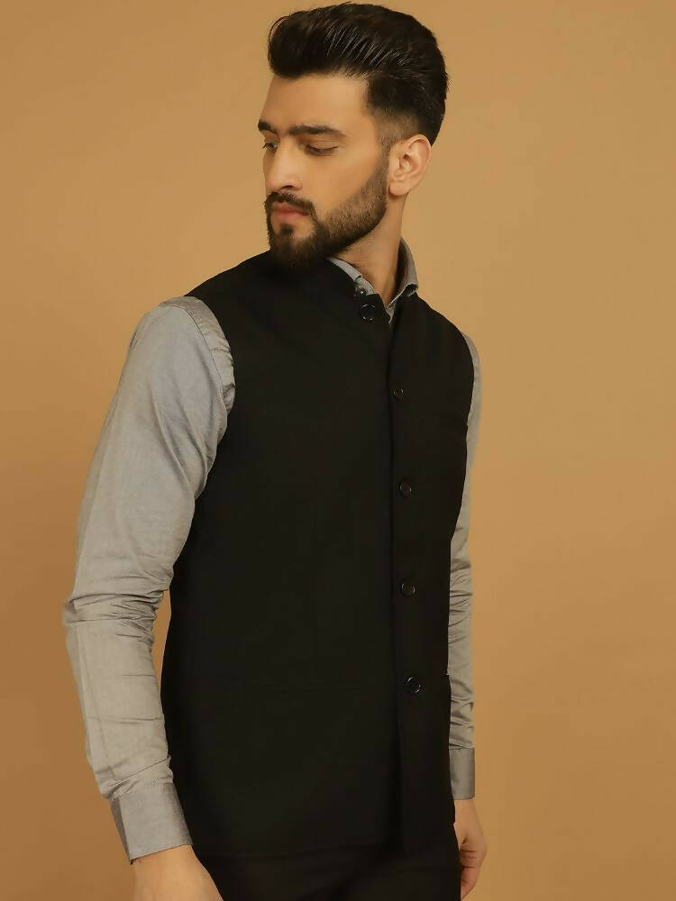 Even Apparels Nehru Jacket With Welt Pockets - Black | Swadesiicart