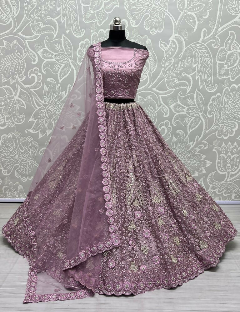 Jyoti Fashion Women's Pyazi Bridal Net Fancy Dori, Multi Thread, Hand Mirror and Diamond Work Wedding Lehenga Choli | Swadesiicart