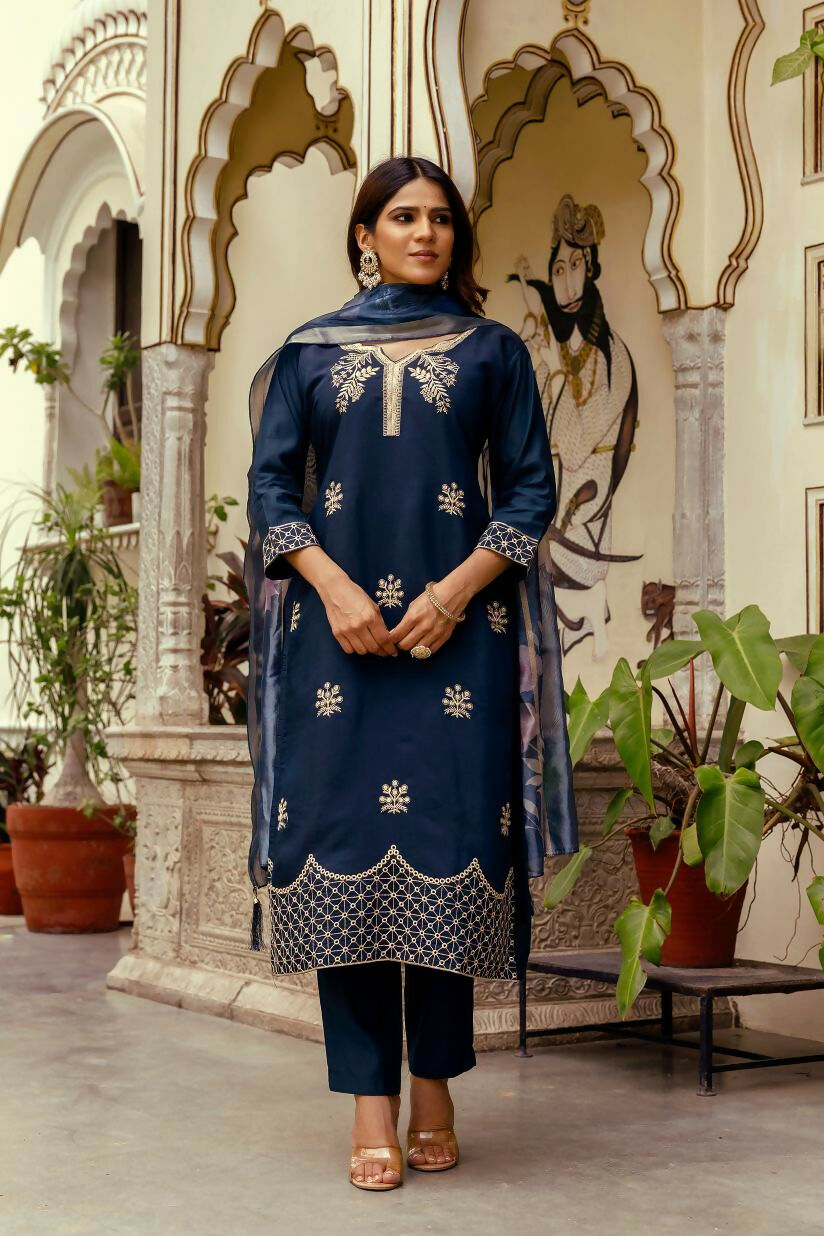 The52 Navy Blue Women's Beautiful Viscose Chanderi Fabric Thread Work Straight Kurta Pant and Dupatta Set - Swadesiicart