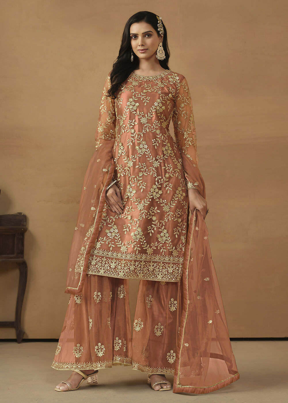 Tangy Brown Net Embroidered Wedding Festive Gharara Suit - Emponline | Swadesiicart