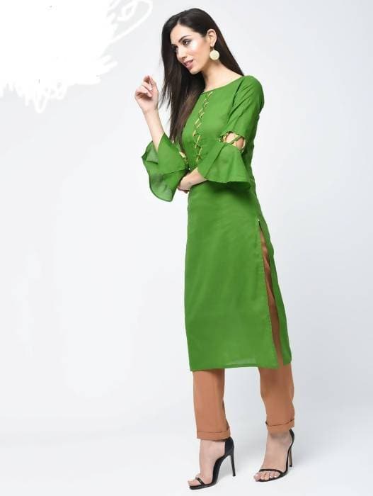 Aniyah Cotton Criss Cross Bell Sleeves Straight Kurta In Green (AN-101A) - Swadesiicart