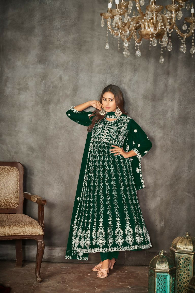 Jyoti Fashion Women's Green Net Embroidered Anarkali Kurta Pant Set With Dupatta | Swadesiicart