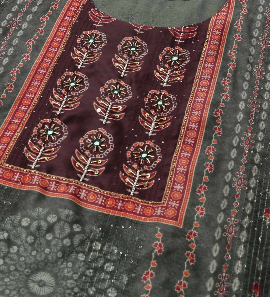 Dark Green Chinon Digital Printed With Hand Work Kurta - Himanshi - Swadesiicart