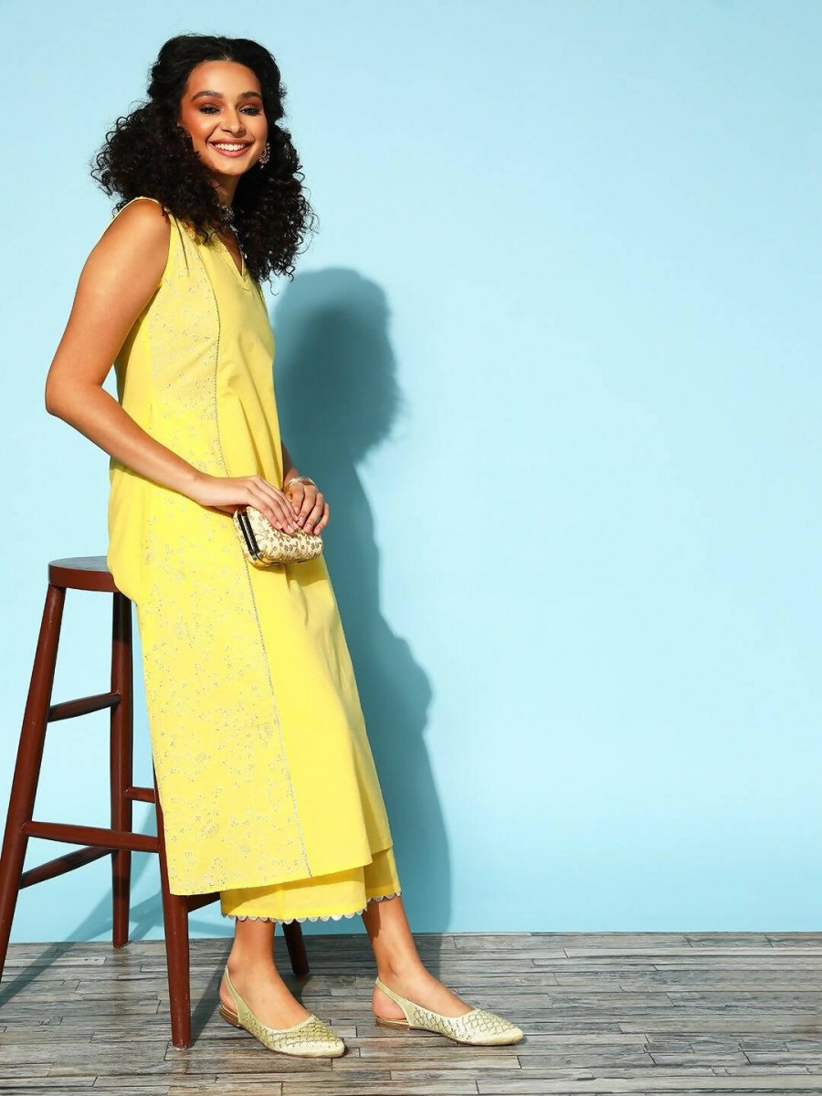 Ahalyaa Women Yellow Colour Cotton Printed Kurta Palazzo Set | Swadesiicart