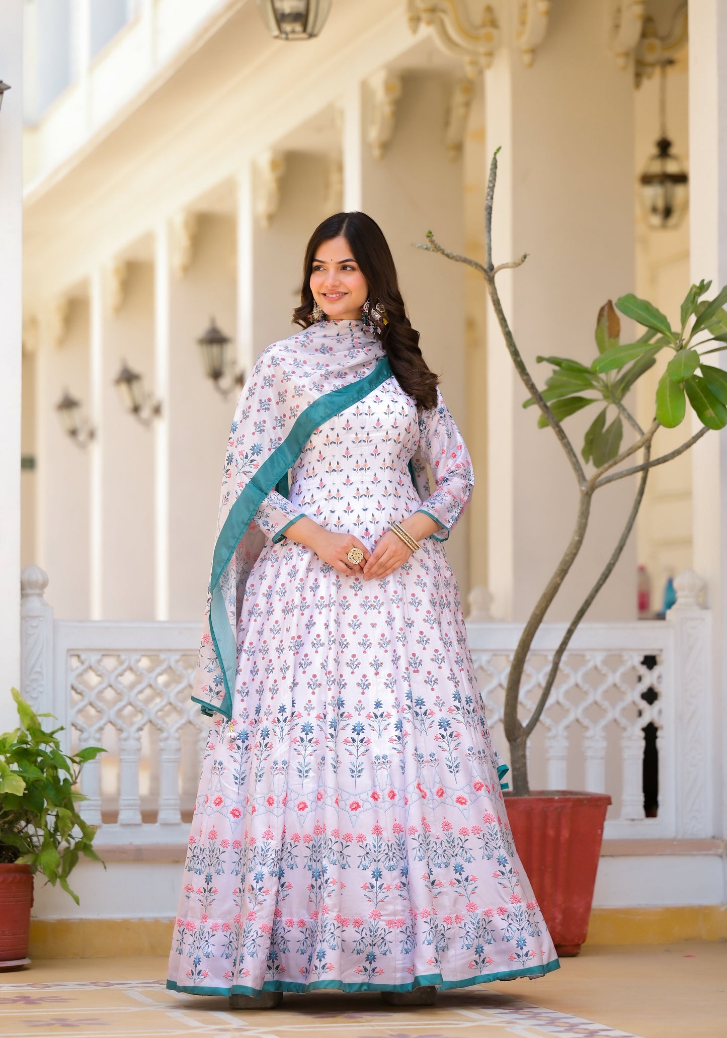 Partywear Designer White Dola Silk Anarkali suit with Dupatta- Samyukta - Swadesiicart
