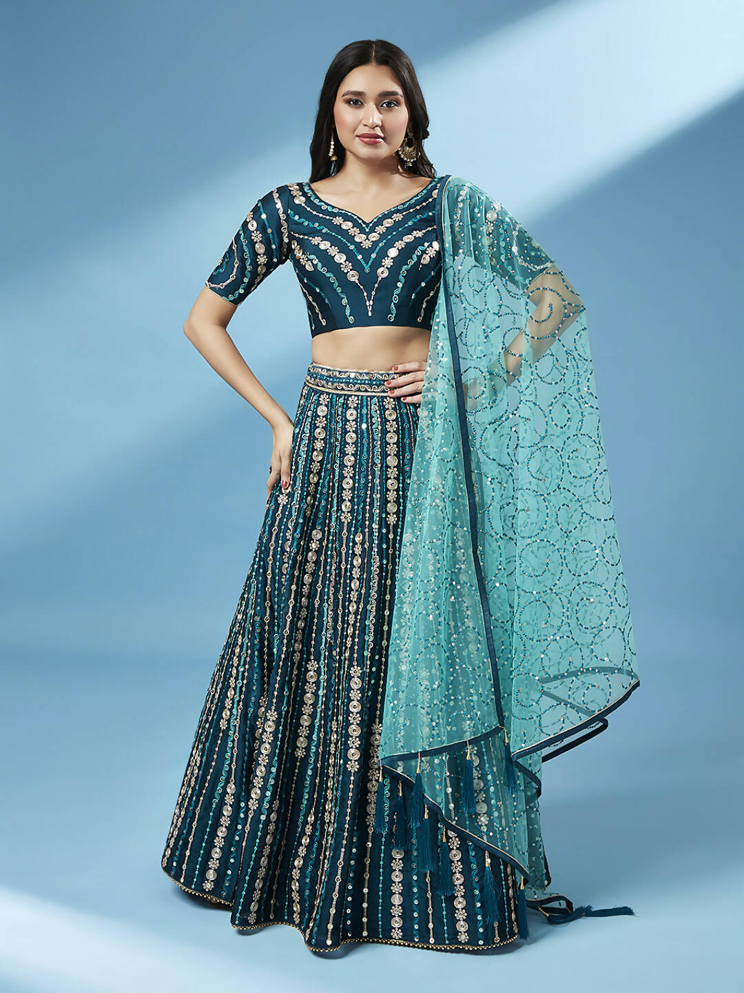 House of Panchhi Teal Pure Georgette Sequinse Work Lehenga & Blouse with Dupatta | Swadesiicart