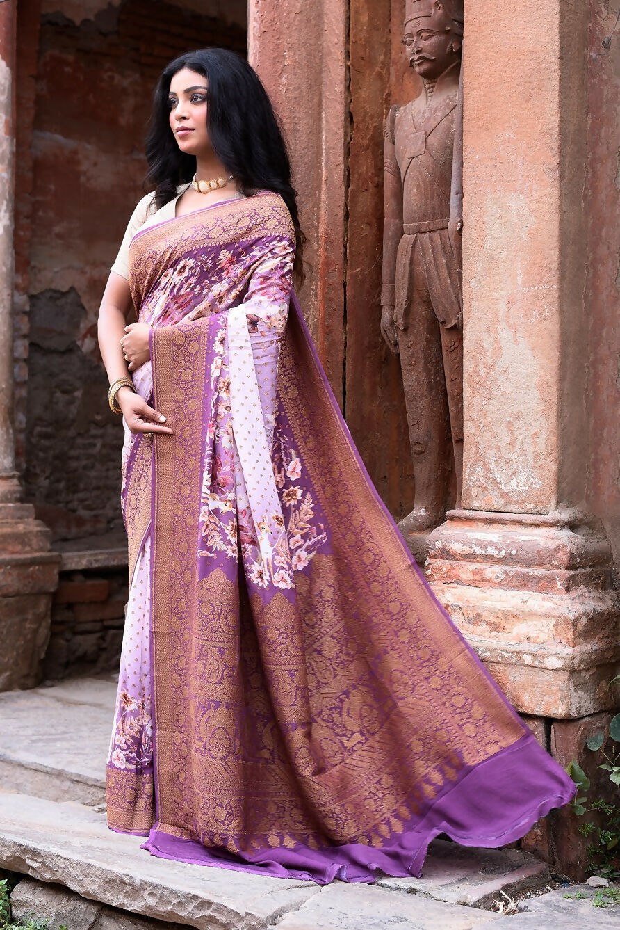 Joban Fashion Dark And Light Lilac Crepe Chiffon Pure Handloom Banarasi Silk Saree | Swadesiicart