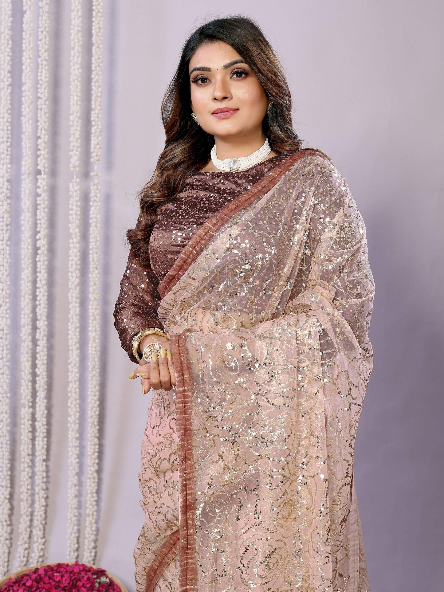 Brown Net Embroidered Saree With Stitched Blouse - Nimaya Kaksha