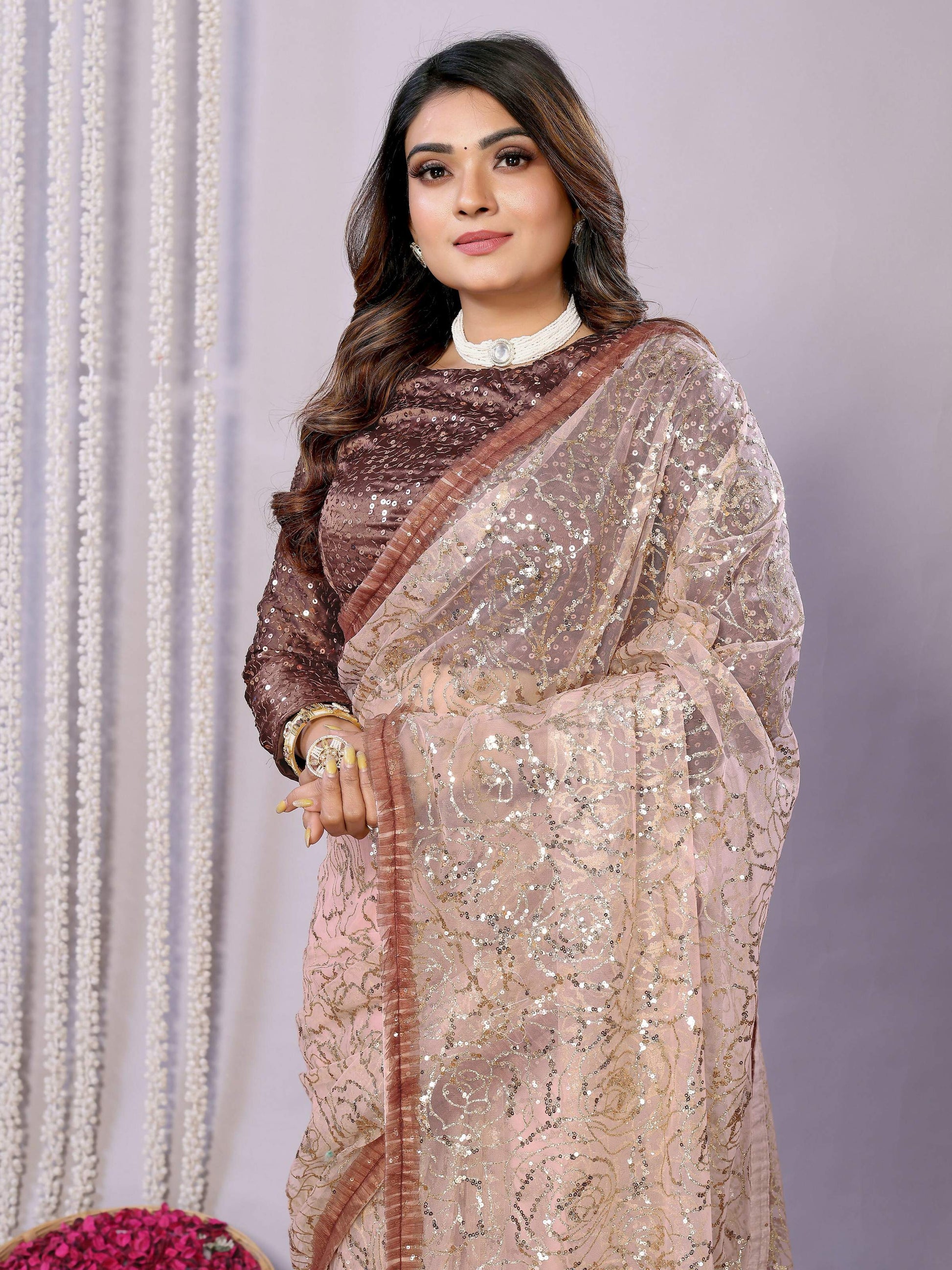 Brown Net Embroidered Saree With Stitched Blouse - Nimaya Kaksha