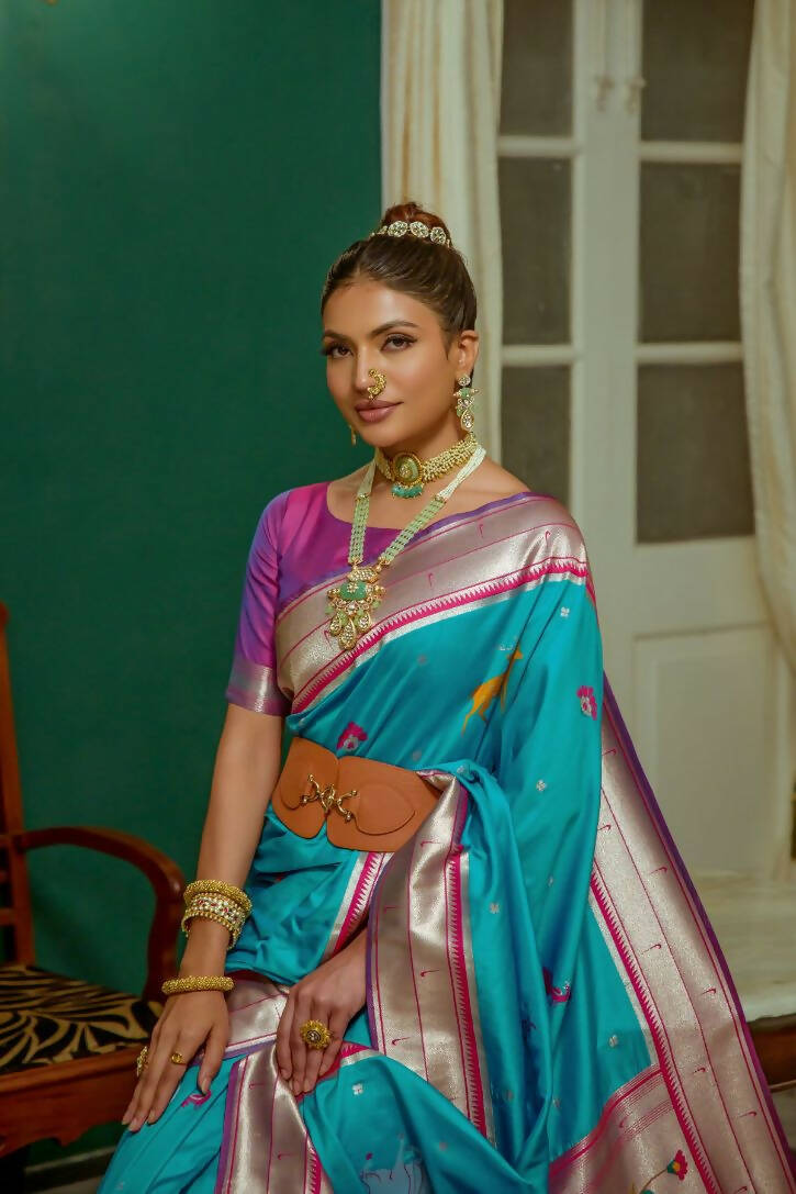 Vishnu Weaves Women's Teal Paithani Silk Zari Woven Saree with Unstitched Blouse - Swadesiicart