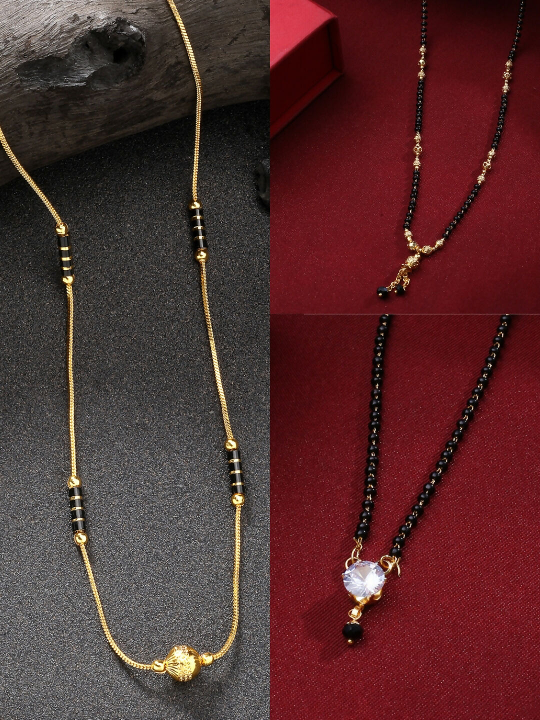 NVR Women's Set of 3 Gold-Polished CZ Stone-Studded & Beaded Mangalsutra | Swadesiicart