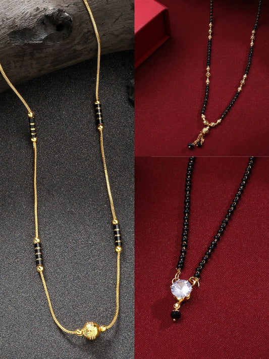 NVR Women's Set of 3 Gold-Polished CZ Stone-Studded & Beaded Mangalsutra | Swadesiicart