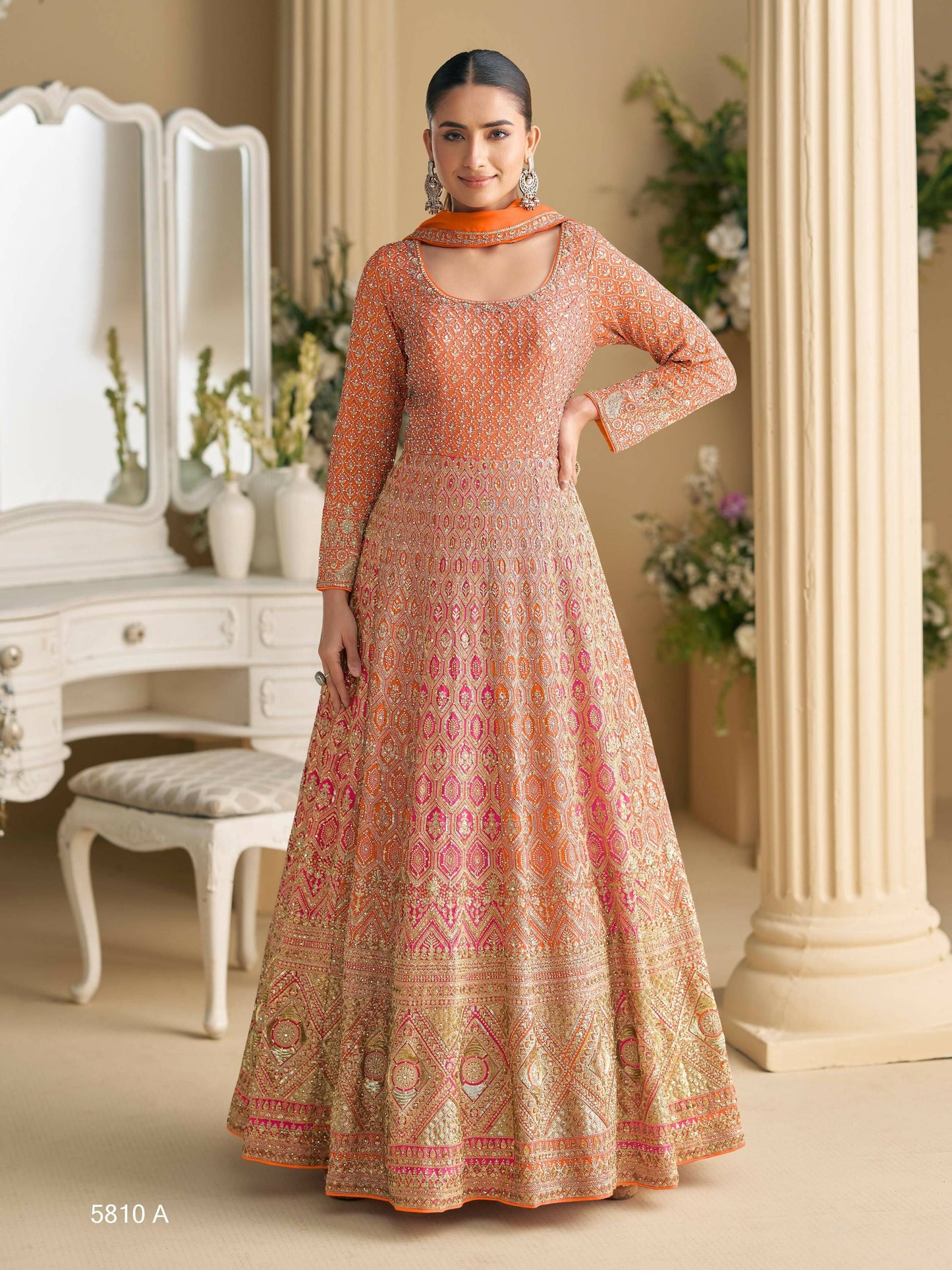 Anaita Orange Georgette Readymade Anarkali Suit with Embroidery Zarkan Work