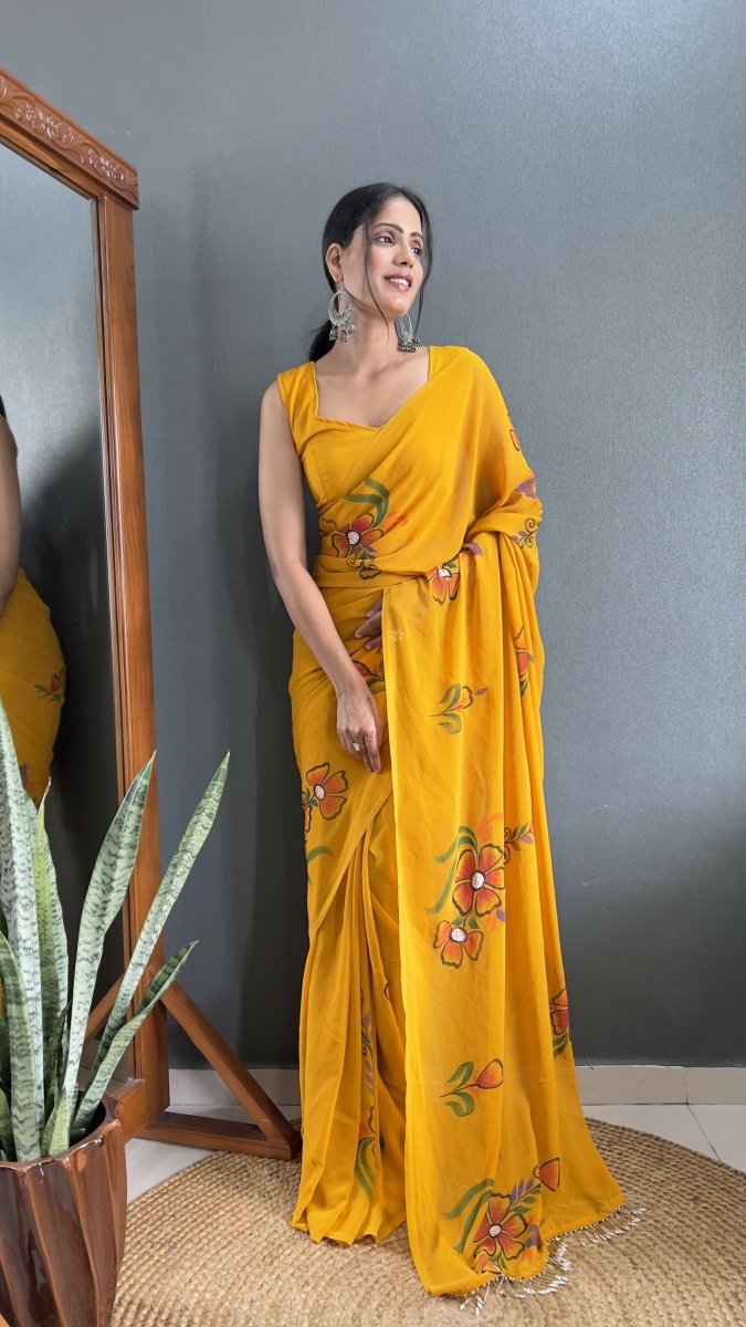 Aayaa Designer 1 min Hand Painted Ready to Wear saree - Mustard Yellow | Swadesiicart
