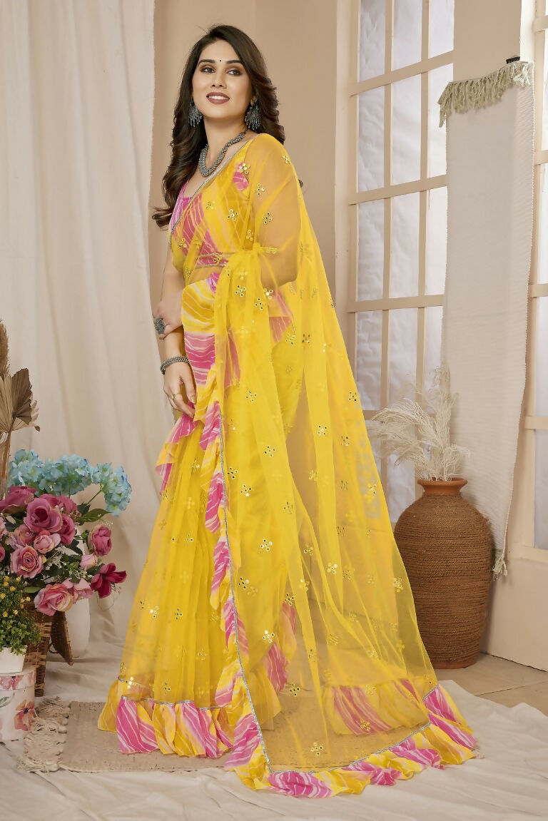 Partywear Designer Yellow Net Fancy Saree - Dyuti | Swadesiicart