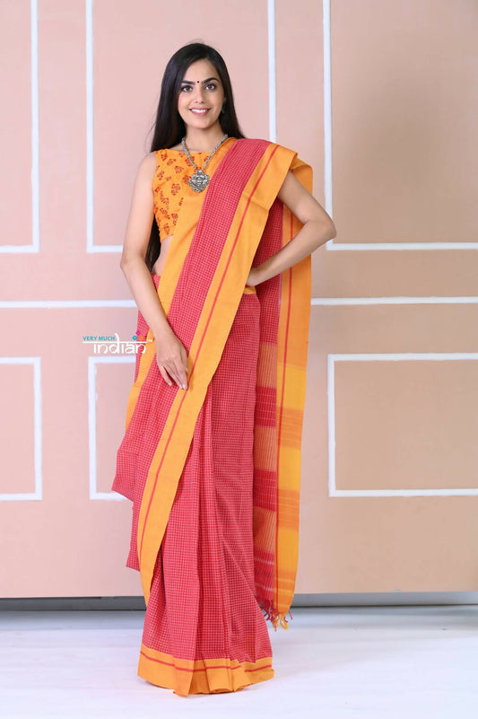 Very Much Indian Traditional Patteda Anchu Ilkal Handloom Saree-Disperse Orange | Swadesiicart