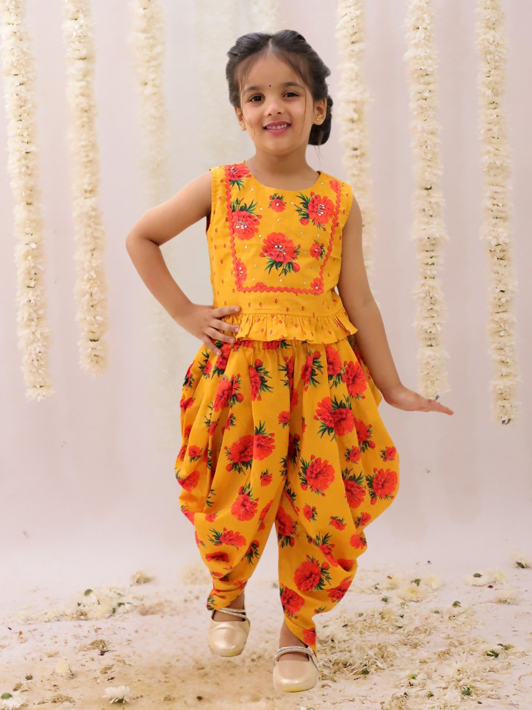 Lil Drama Genda Phool Mustard Crop Top and Dhoti Set For Girls | Swadesiicart