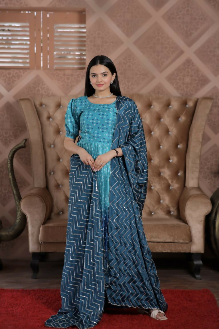Jyoti Fashion Women's Blue Muslin Floral Print with Crush Pleating Kurta with Trouser & Dupatta | Swadesiicart