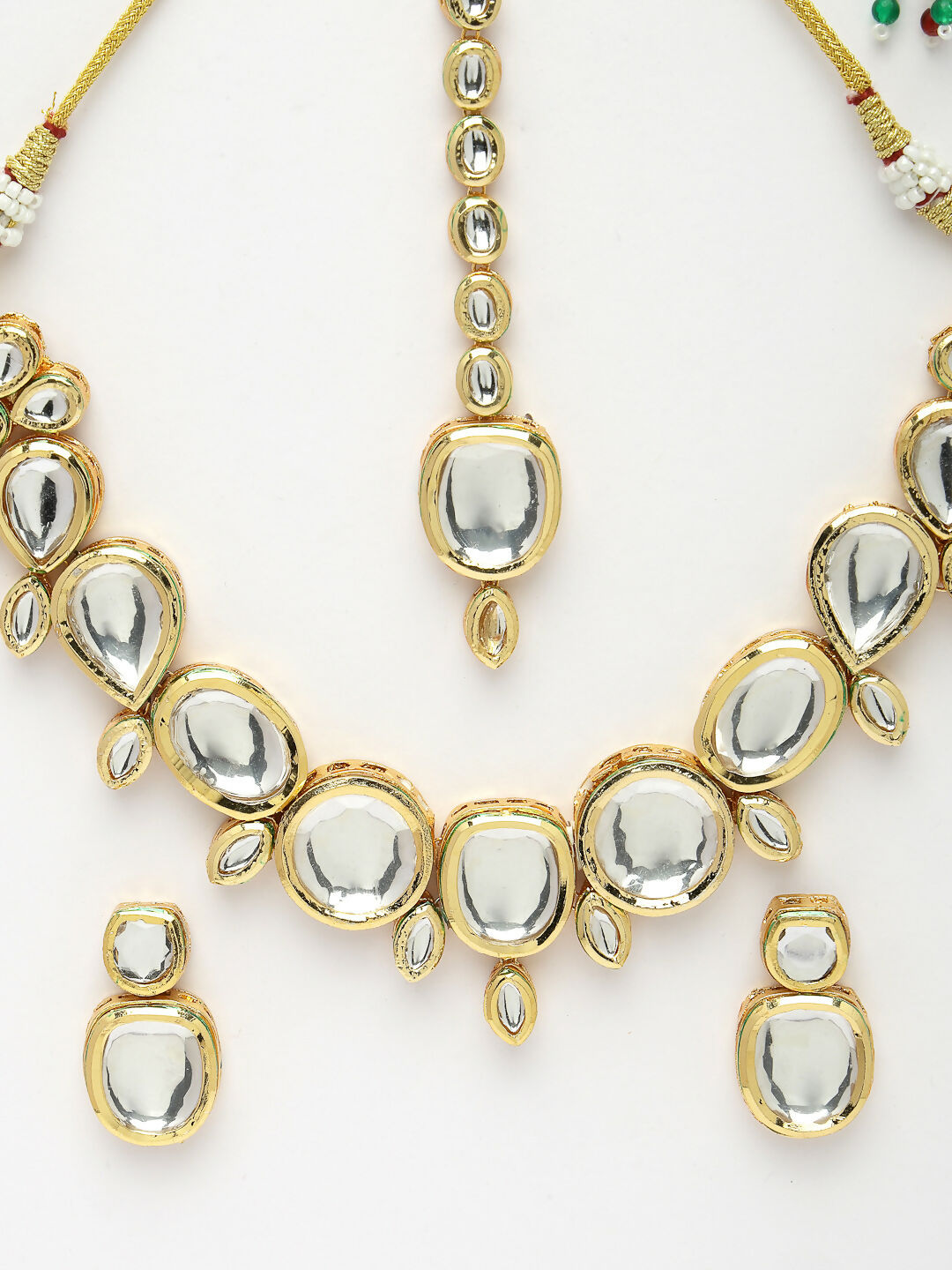 NVR Women's Gold Kundan-Studded Necklace and Earrings with Mang Tikka - Swadesiicart