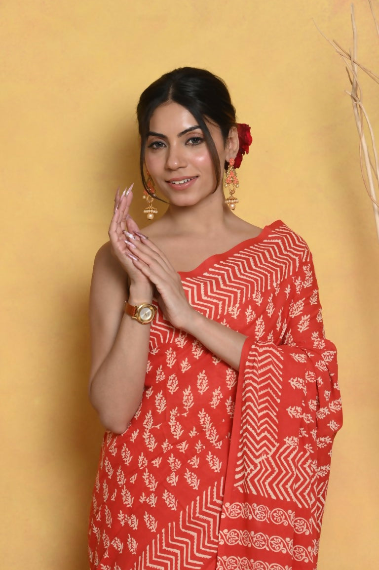 Very Much Indian Handblock Printed Cotton Saree With Natural Dyes - Orange | Swadesiicart