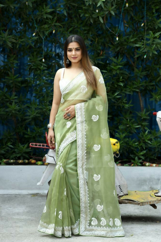 Vamsee Cotton Kerry Green Organza Saree - Swadesiicart