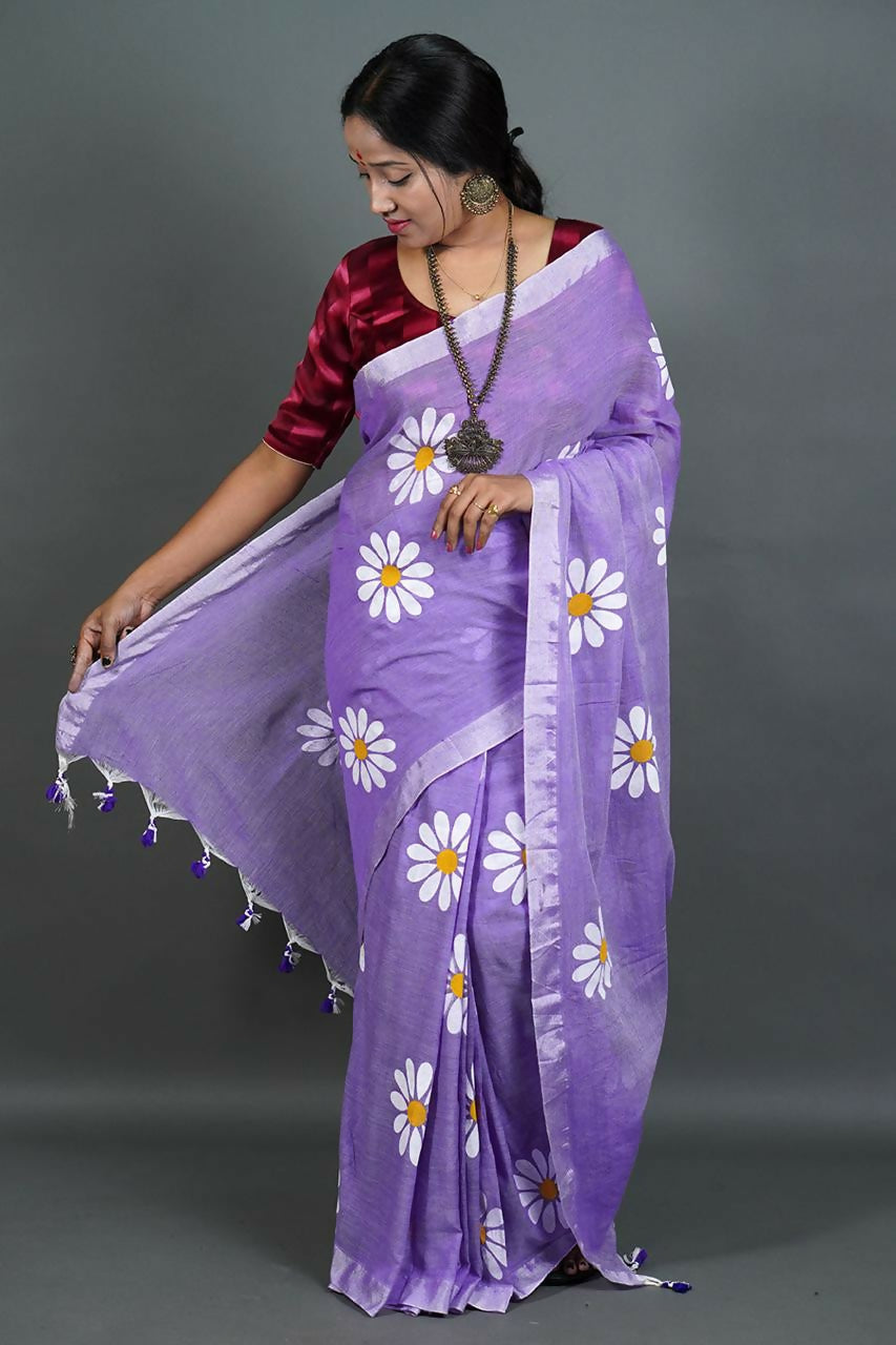 Exclusive Collection Violet Pure Cotton Saree With Sunflower Design - Swadesiicart