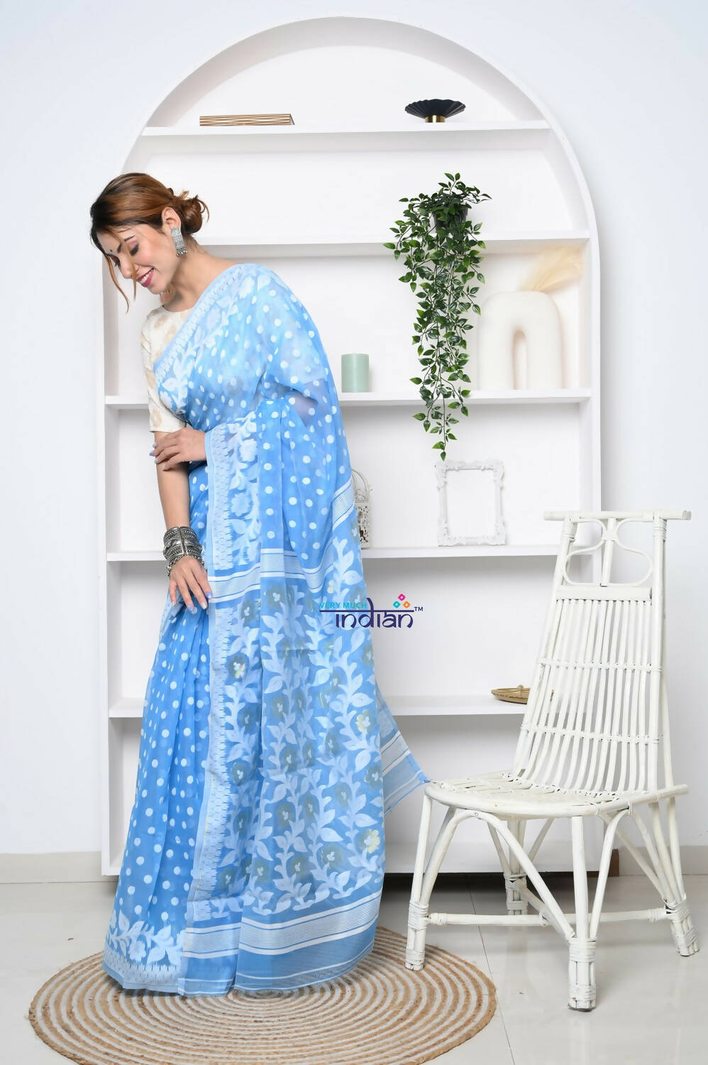 Very Much Indian Jamdhani Cotton Saree - Powder Blue | Swadesiicart