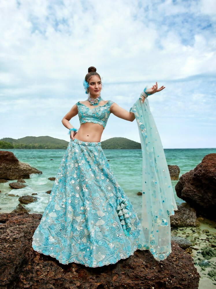 House of Panchhi Sky Blue Organza Sequins, Zarkan And Thread Embroidery Lehenga Choli & Dupatta | Swadesiicart