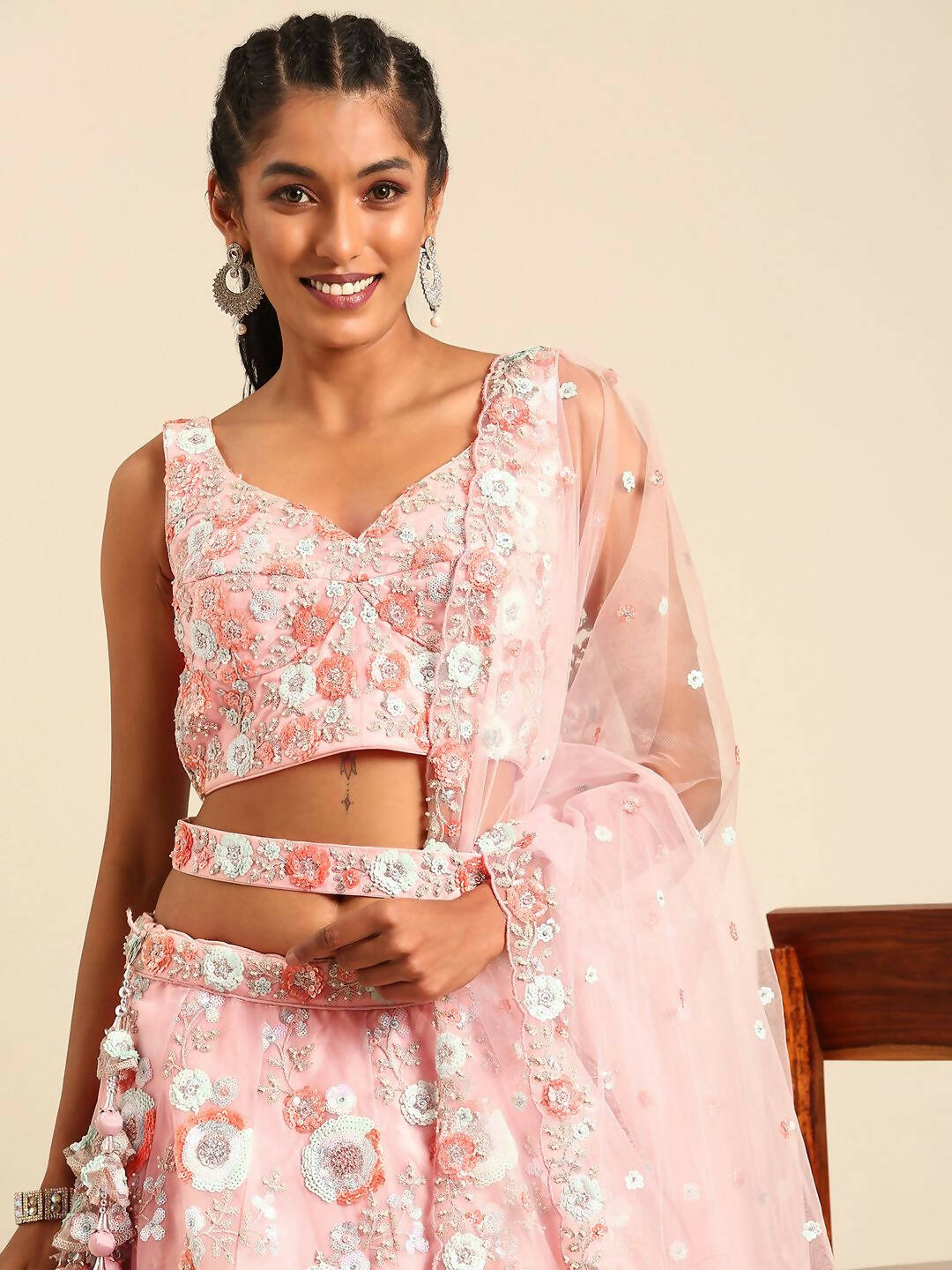 House of Panchhi Pink Net Sequins and Zarkan embroidery Lehenga choli & Dupatta | Swadesiicart