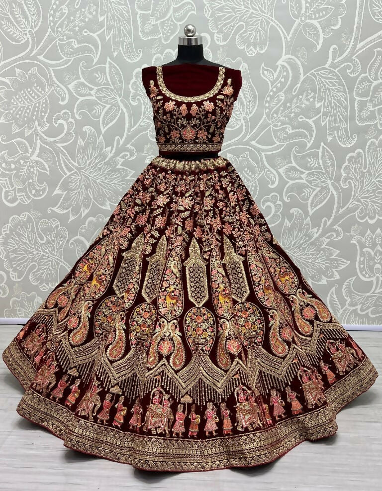 Jyoti Fashion Women's Maroon Velvet Multi Thread Embroidered with Zircon Diamond Work Wedding Lehenga Choli | Swadesiicart