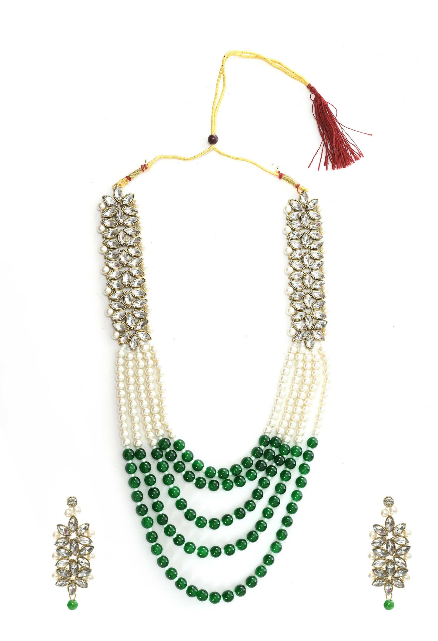 Mominos Fashion Johar Kamal Gold-Polished Rani Haar with Green and Off white Pearls Jewellery Set - Swadesiicart