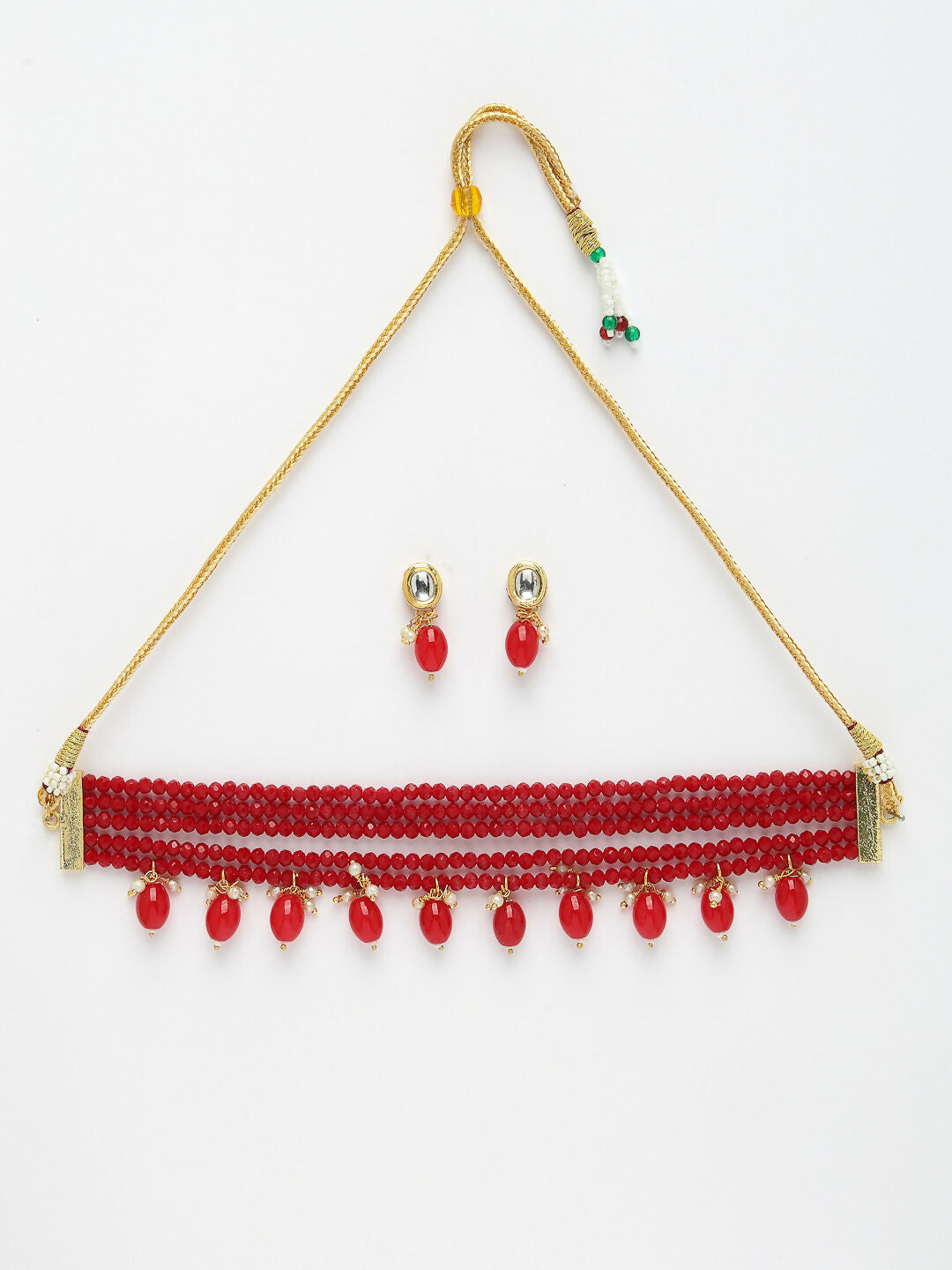 NVR Women's Red Artificial Beads Layered Necklace with Drop Earring - Swadesiicart