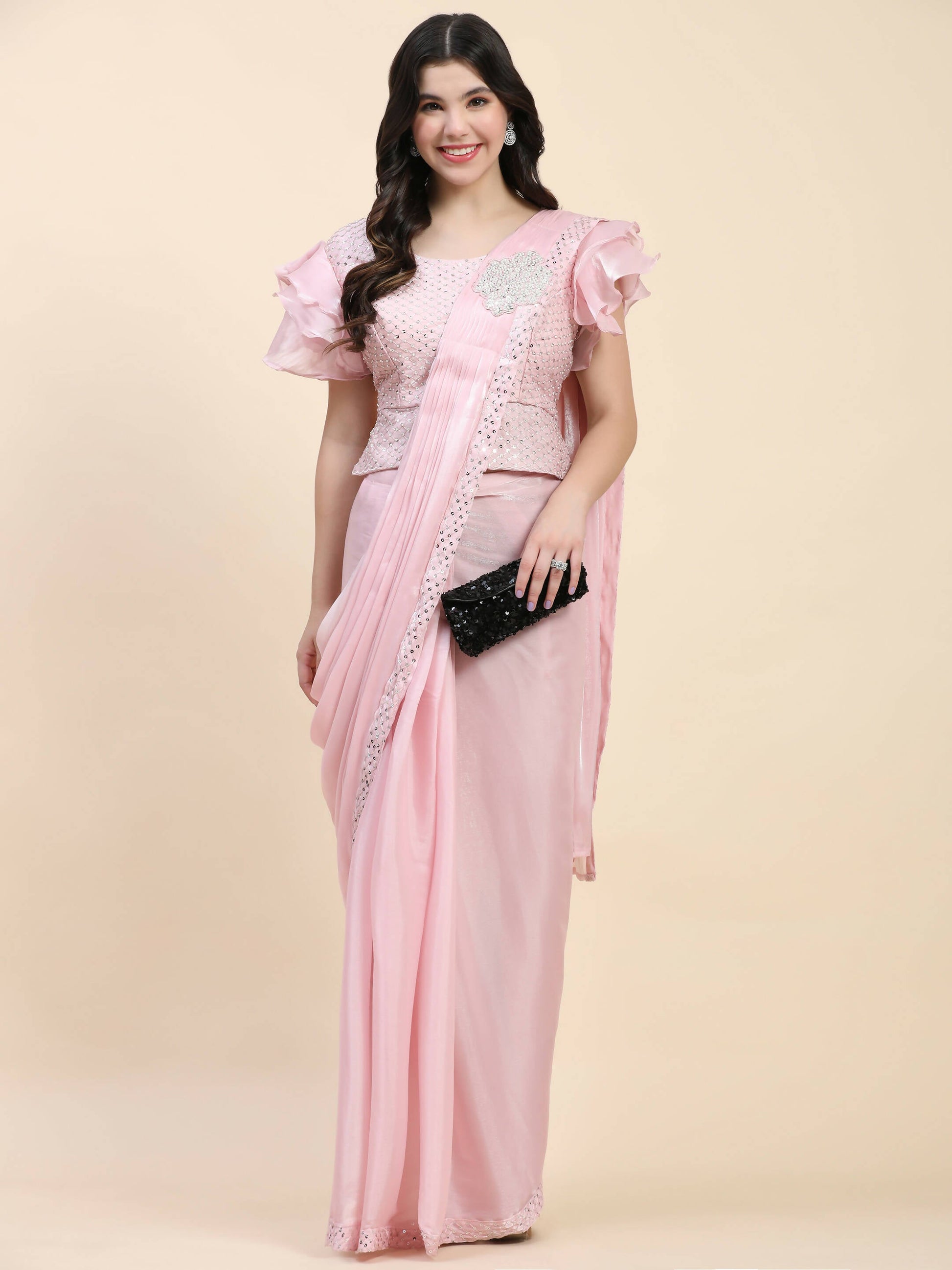 Pink Silk Satin Sequence Work Ready to Wear Saree with stitched Blouse - Nirvana | Swadesiicart
