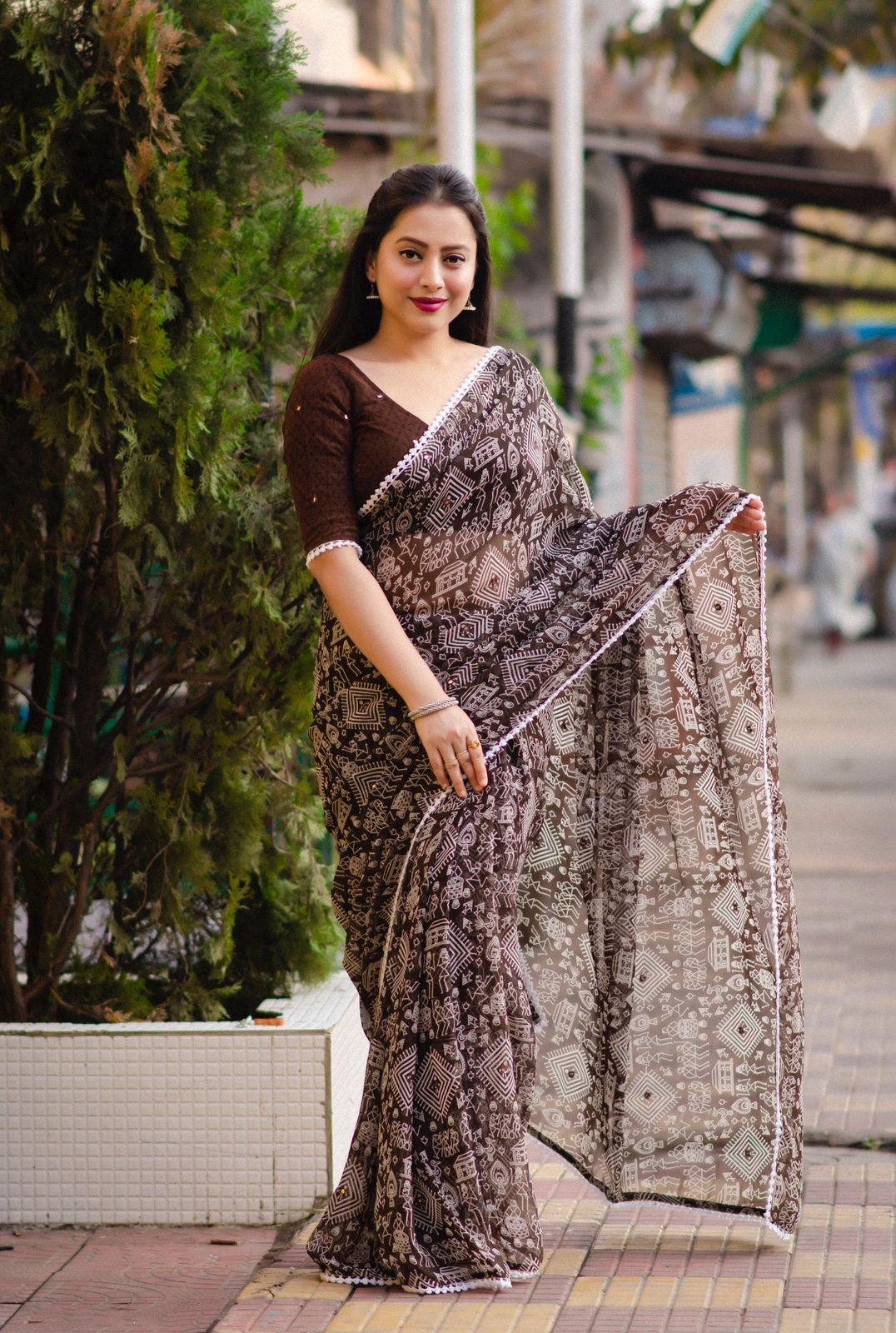 Coffee Poly Georgette Ethnic Motifs Saree with Unstitched Blouse - Hiral Fashion | Swadesiicart