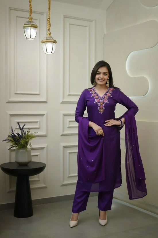 The52 Purple Women's Gorgeous Vichitra Fabric Embroidered Work Straight Kurta Pant and Dupatta Set - Swadesiicart