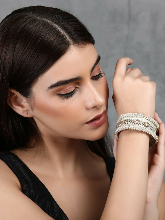Joban Fashion Women White Beads Style Silver Tone Bangle | Swadesiicart