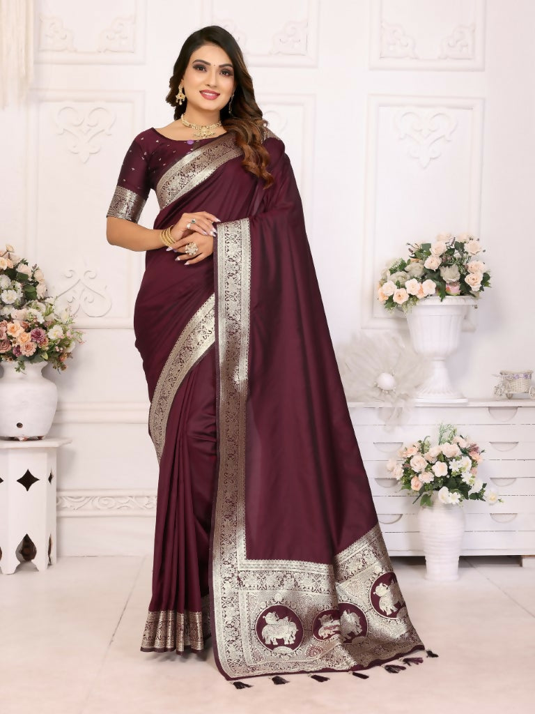 Anaita Dark Brown Banarasi Silk With Beautiful Gala Weaving Saree With Blouse | Swadesiicart