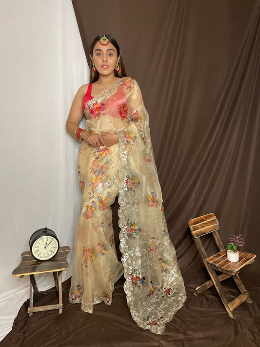 Vamsee Yashodha White Organza Saree - Swadesiicart