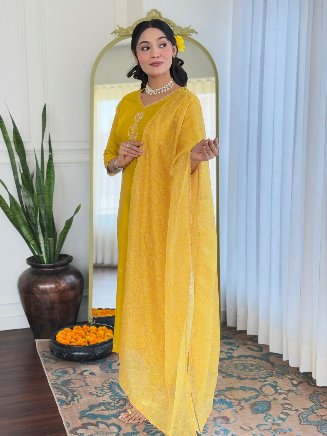 The52 Yellow Women's Beautiful Embroidered Rayon Fabric with Straight Kurta, Pant and Dupatta Set - Swadesiicart