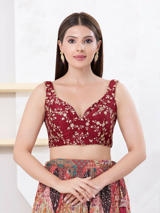 Joban Fashion Maroon Mulberry Silk Sleeveless Back Open Blouse - Swadesiicart