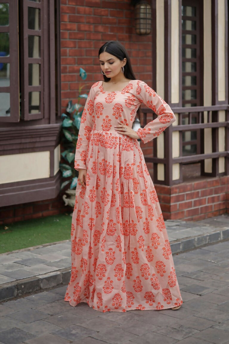 Jyoti Fashion Women's Peach Heavy Digital Printed Pure Chanderi Anarkali Dress | Swadesiicart
