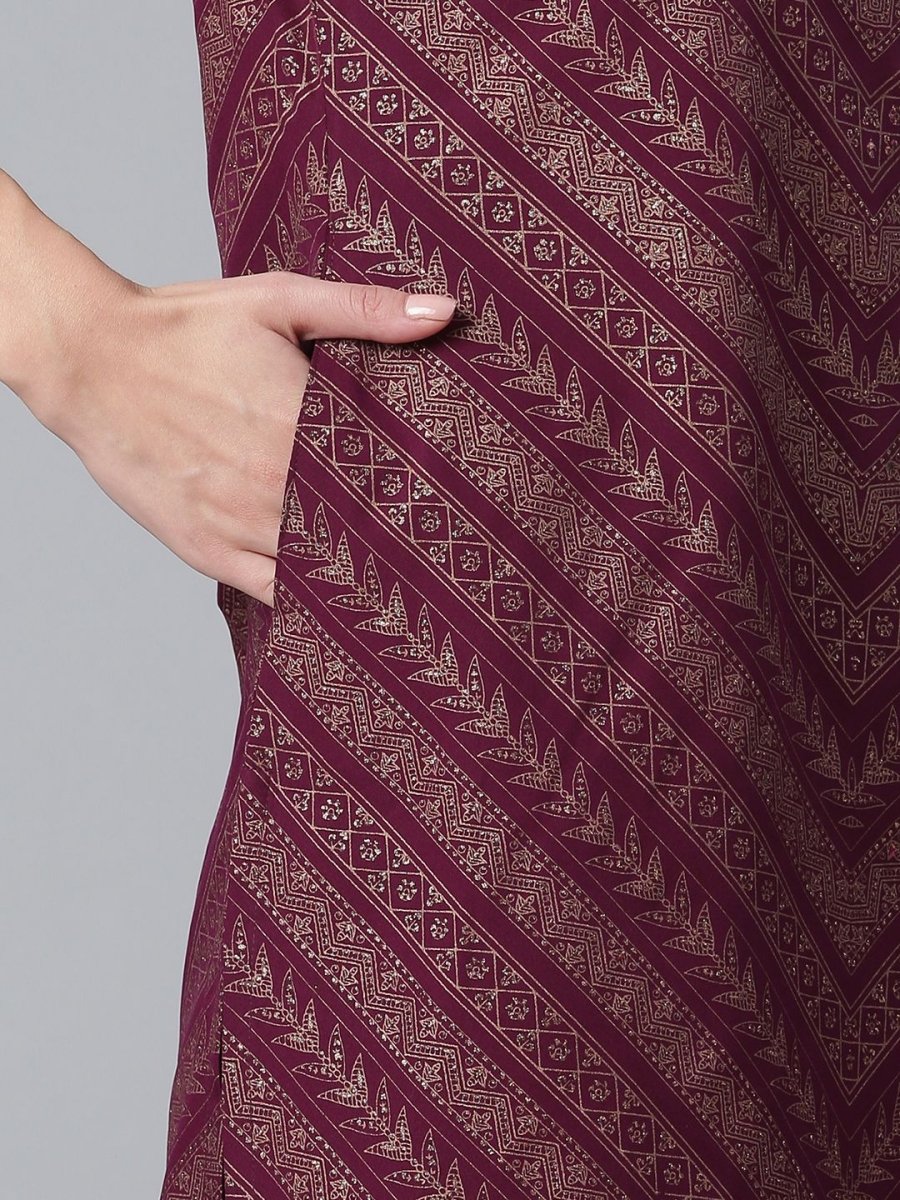 Ahalyaa Wine Crepe Glitter Print Kurta with Sharara and dupatta Set | Swadesiicart