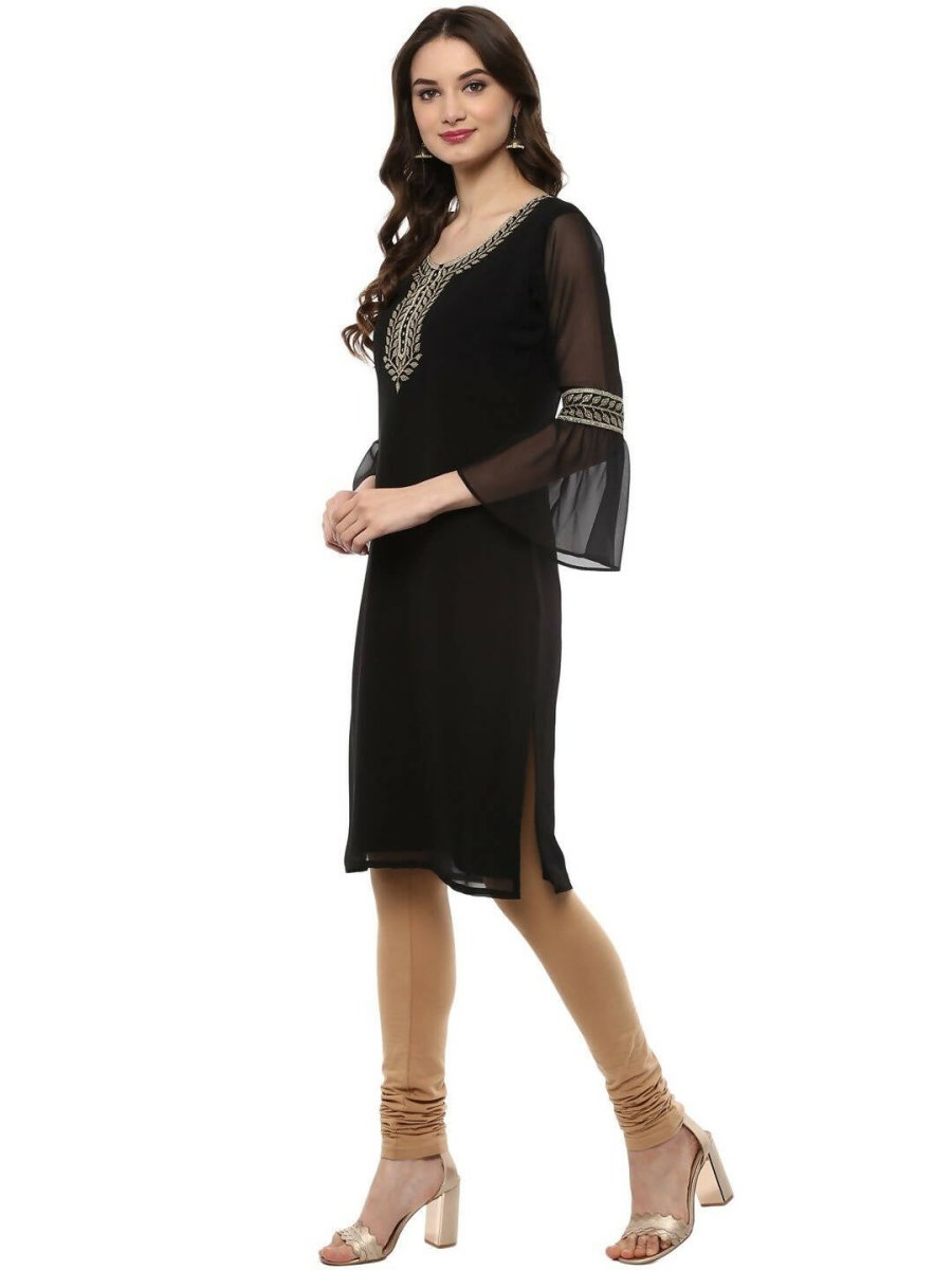 Ahalyaa Women's Black Georgette Glitter Print Kurta | Swadesiicart