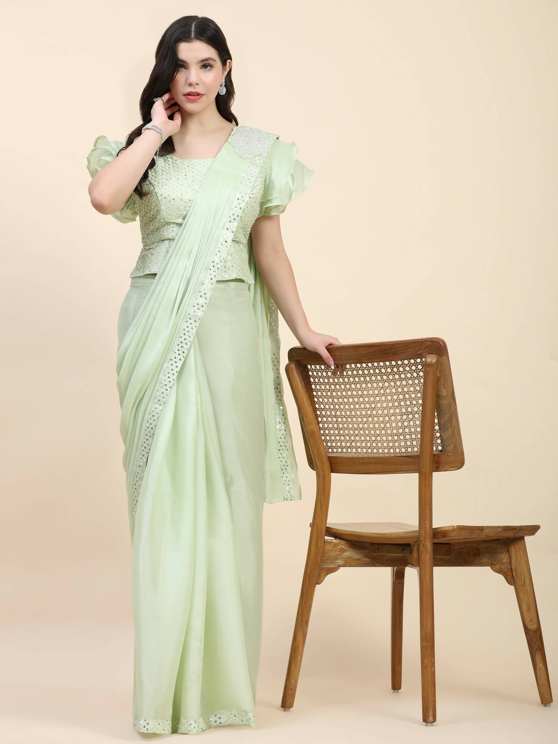 Light Green Silk Satin Sequence Work Ready to Wear Saree with stitched Blouse - Nirvana | Swadesiicart
