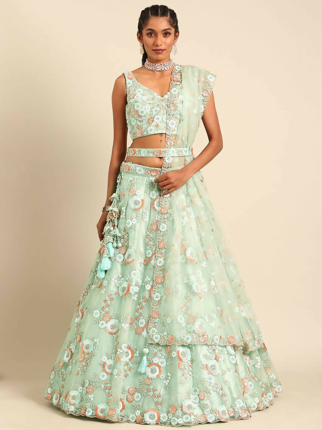 House of Panchhi Sea Green Net Sequins and Zarkan embroidery Lehenga choli & Dupatta | Swadesiicart