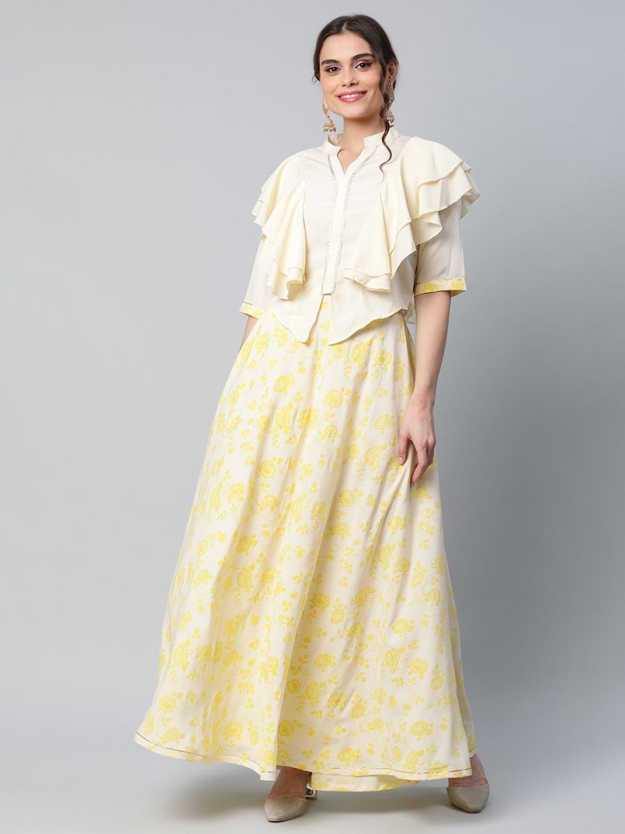Ahalyaa Women Crepe Cream Solid Top with Printed Skirt with Ruffle Details | Swadesiicart