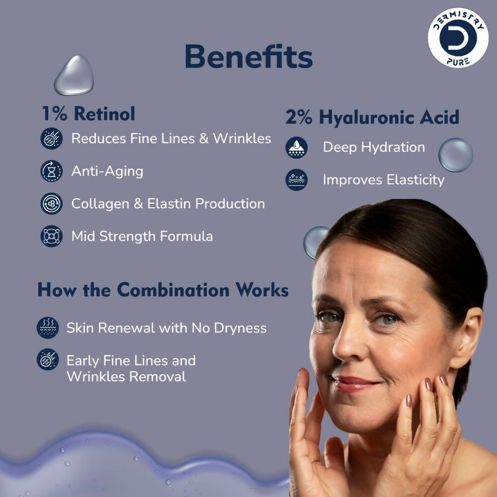 Dermistry Pure 1% Retinol 2% Hyaluronic Acid Anti Aging Moisturizer Face Serum Fine Lines & Wrinkles - Swadesiicart
